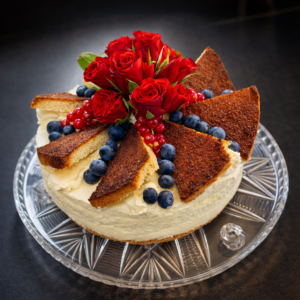 Proteinreicher Kuchen, reich verziert mit Rosen